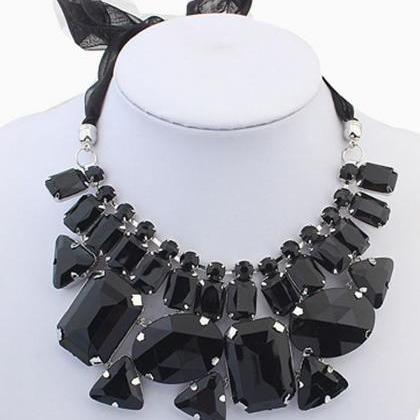 Black Crystal Rhinestone Necklace With Ribbon Tie