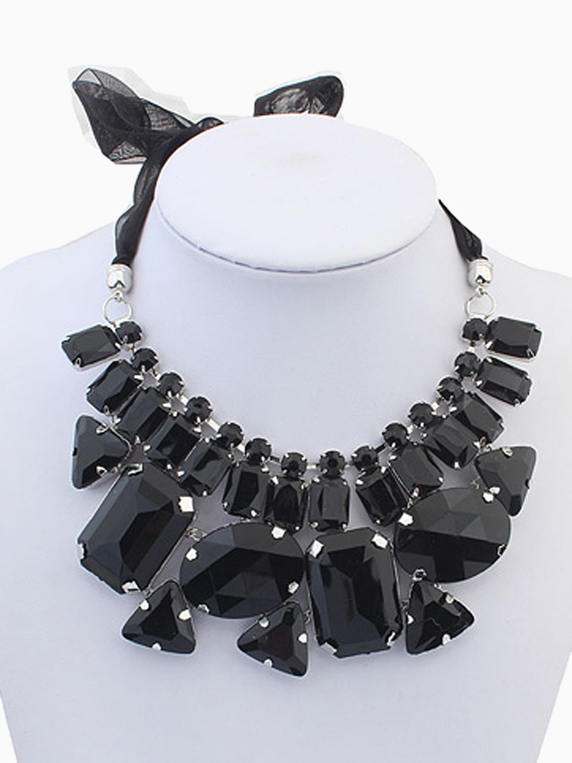Black Crystal Rhinestone Necklace With Ribbon Tie